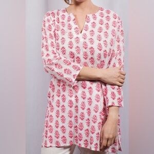 Girl Intuitive Coral Print Tunic Top Blouse White Pink 100% Cotton Large